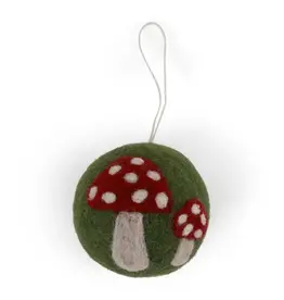 Green Felted Wool Ball Ornament w Mushroom