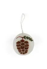 Felted Wool White Ball Ornament with Pinecone
