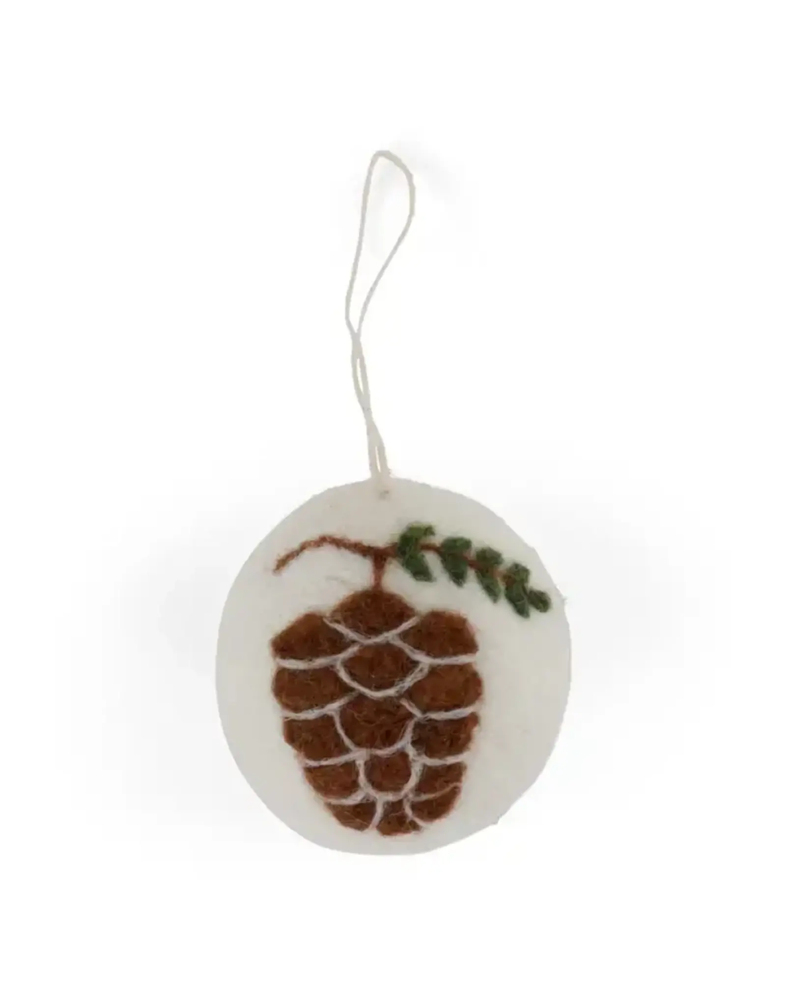 Felted Wool White Ball Ornament with Pinecone