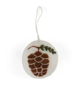 Felted Wool White Ball Ornament with Pinecone