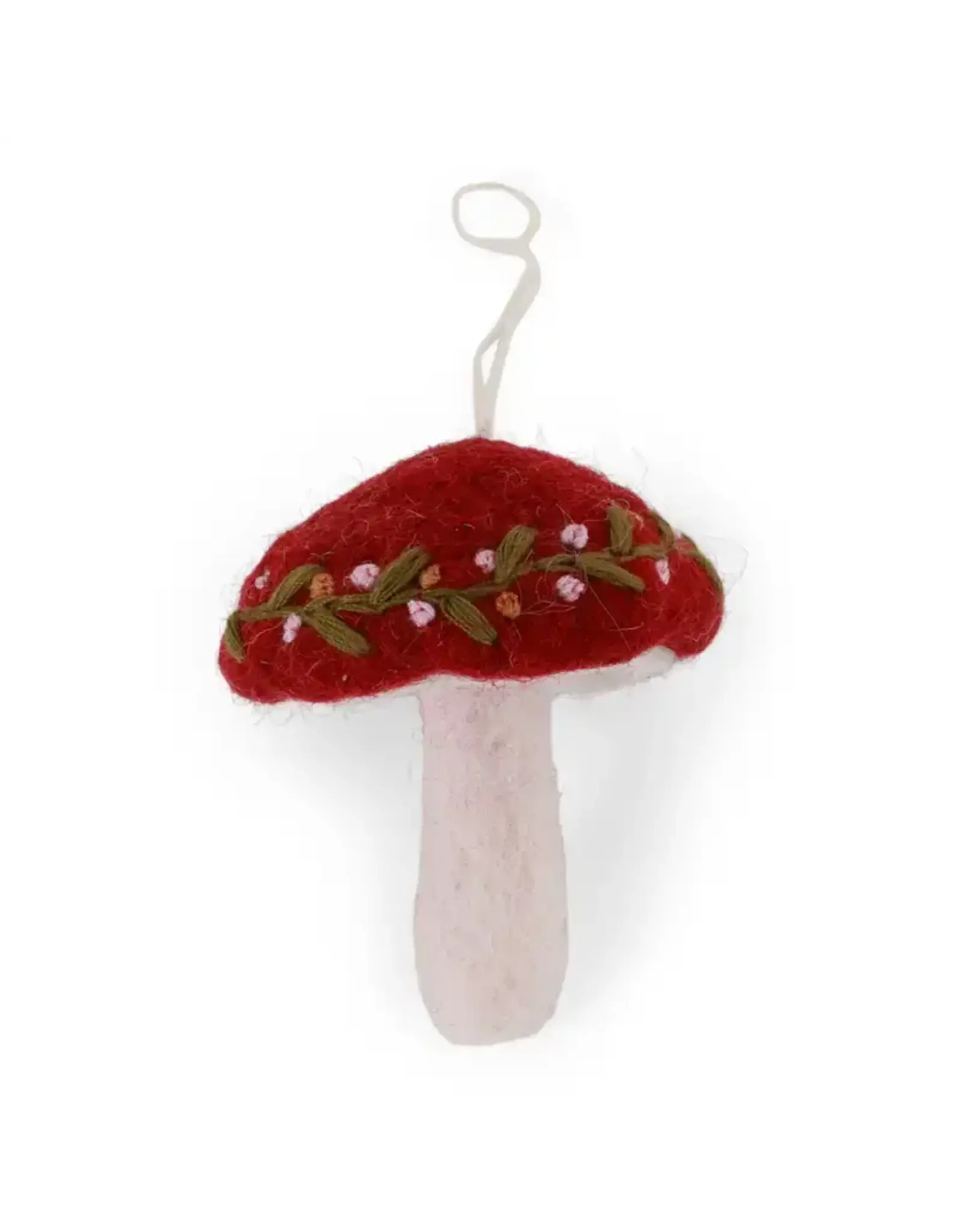 Felted Wool Embroidered Holiday Mushroom Ornament