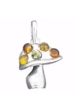 Mushroom Multi Color Amber Silver Pendant Necklace