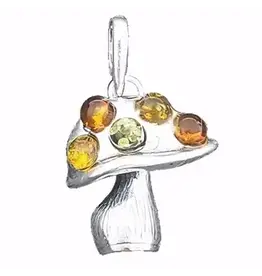 Mushroom Multi Color Amber Silver Pendant Necklace