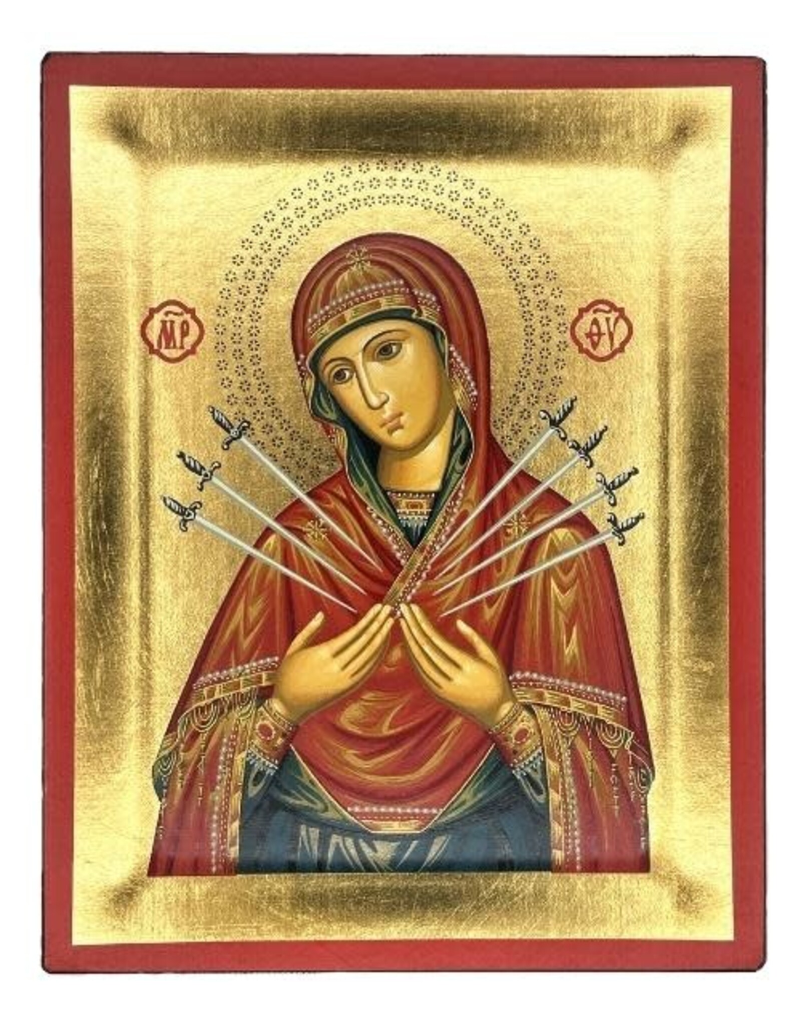 Virgin Mary with Seven Swords Silkscreened Wood Icon 5" x 4"