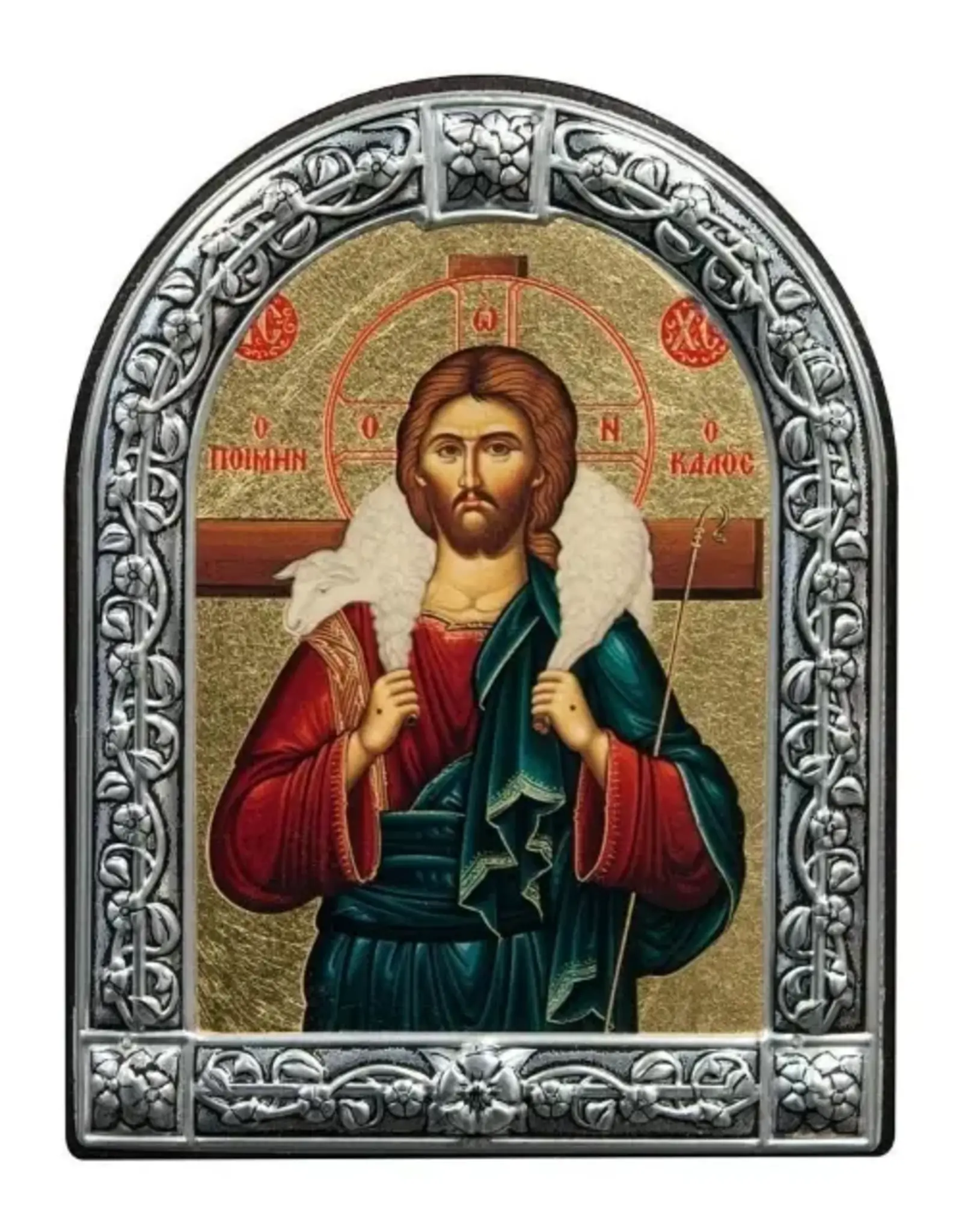 Christ the Good Shepherd Orthodox Icon with Embossed Metal Frame