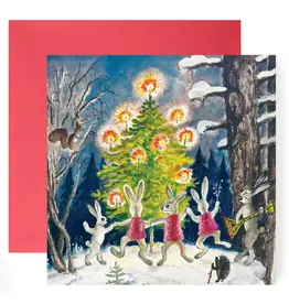 Bunnies Under a Christmas Tree Holiday Card