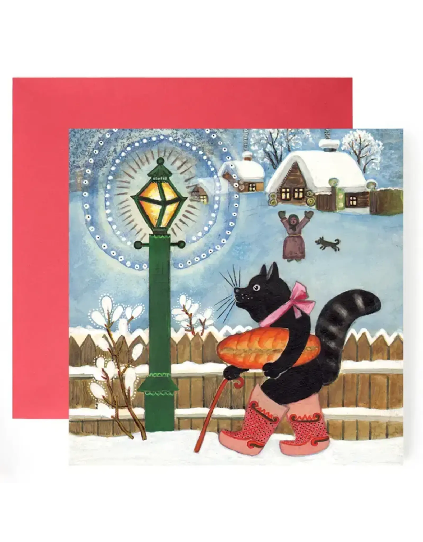 Black Cat Carrying Bread Winter Card