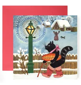 Black Cat Carrying Bread Winter Card