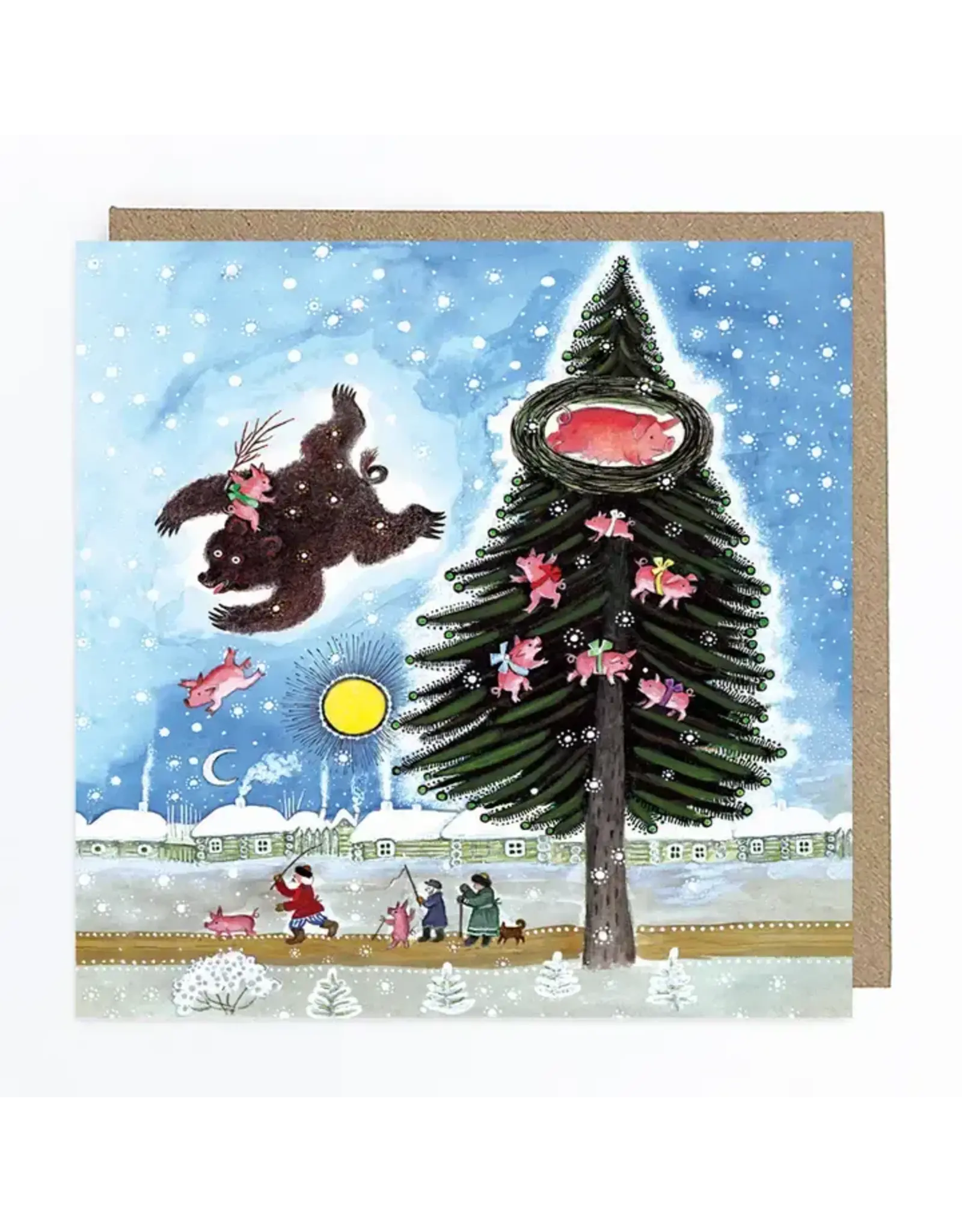 Flying Bear, Nesting Pig Holiday Card