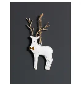 White Iron Deer Ornament with Golden Bowtie