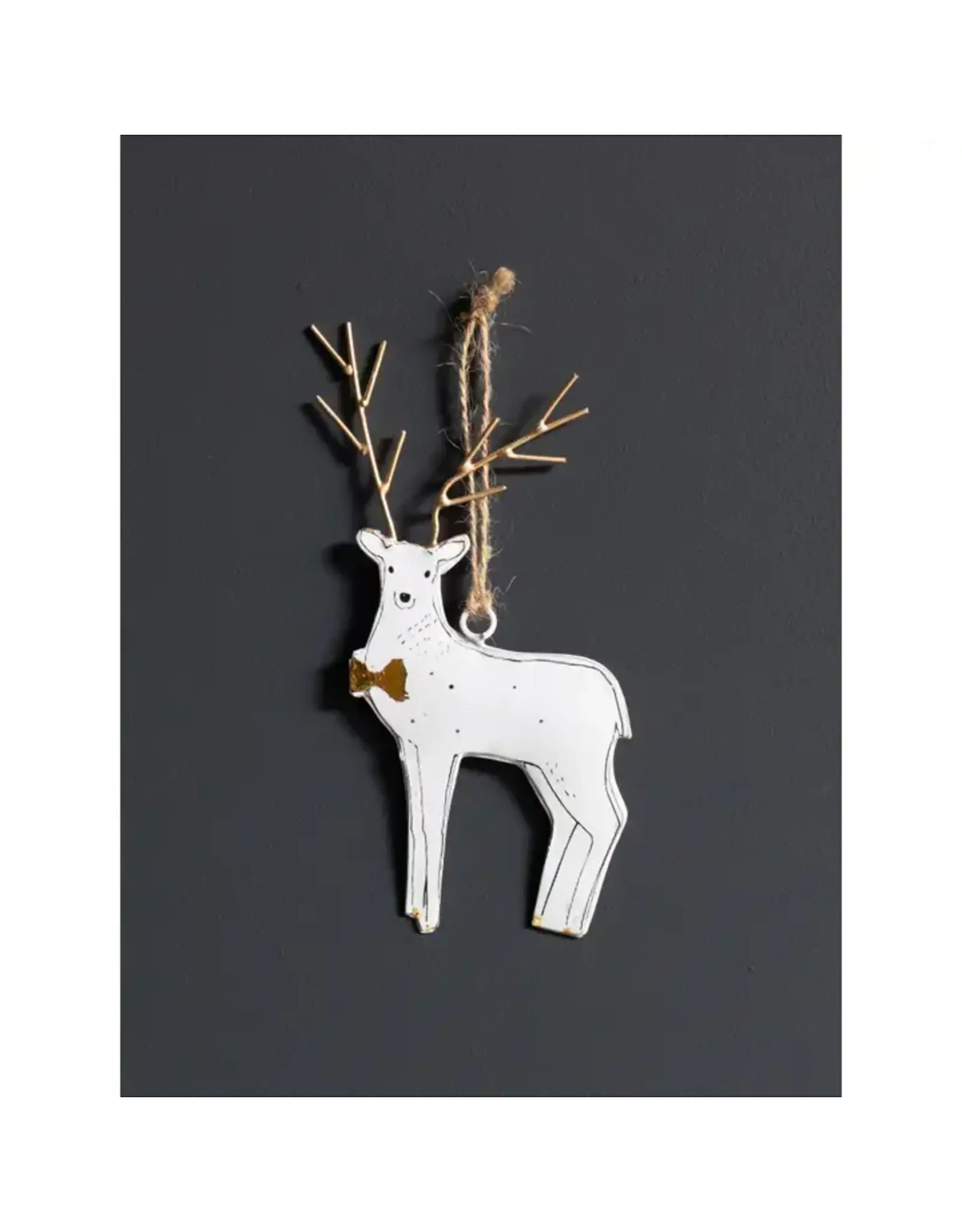 White Iron Deer Ornament with Golden Bowtie