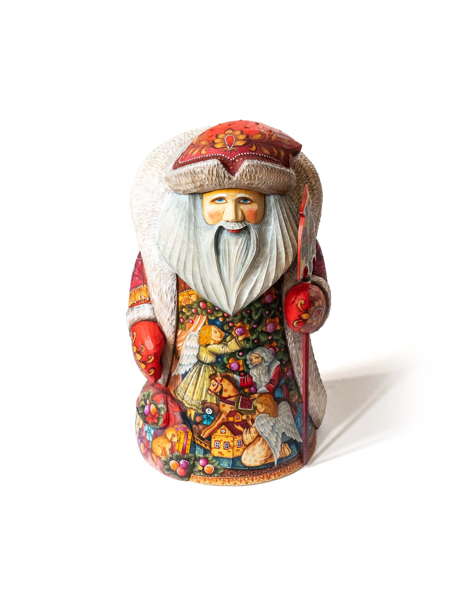 Master Artist Carved Russian Wood Santa with Folk Painting