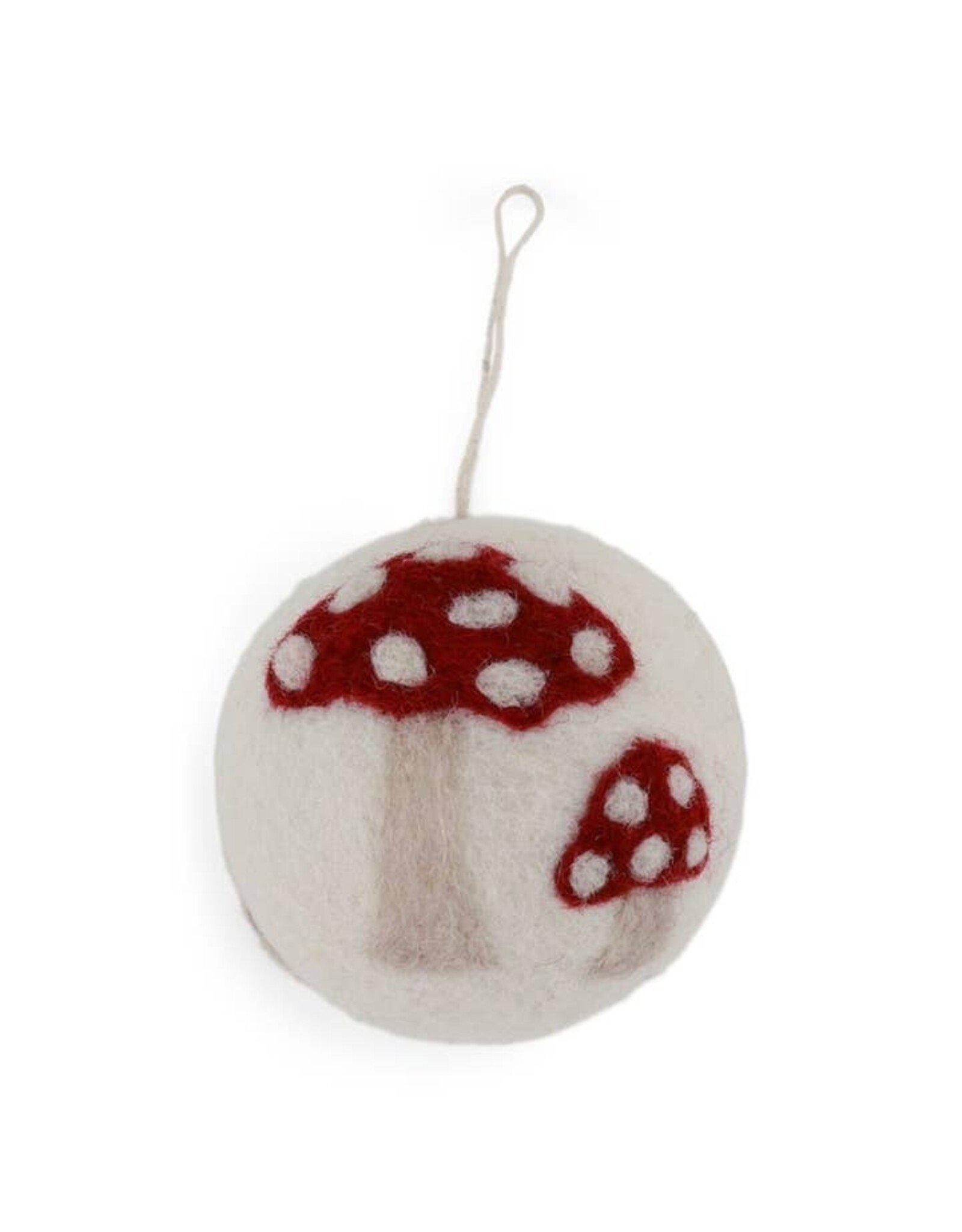 Felted Wool White Ball with Mushrooms Ornament