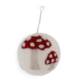 Felted Wool White Ball with Mushrooms Ornament