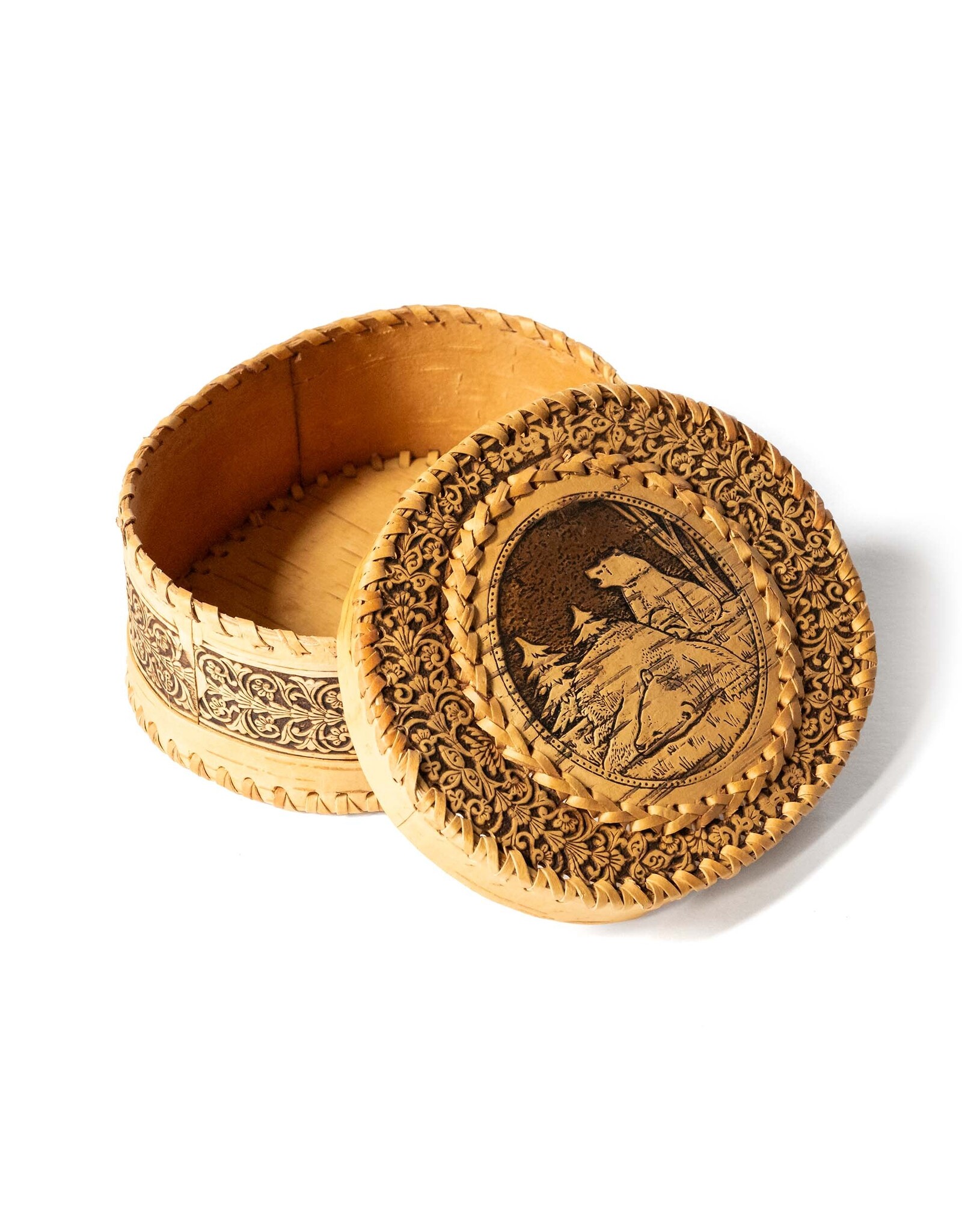 Hand Carved Birch Box with Bears