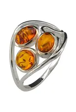 Cognac Amber  3 Eyed Silver Ring Size 7