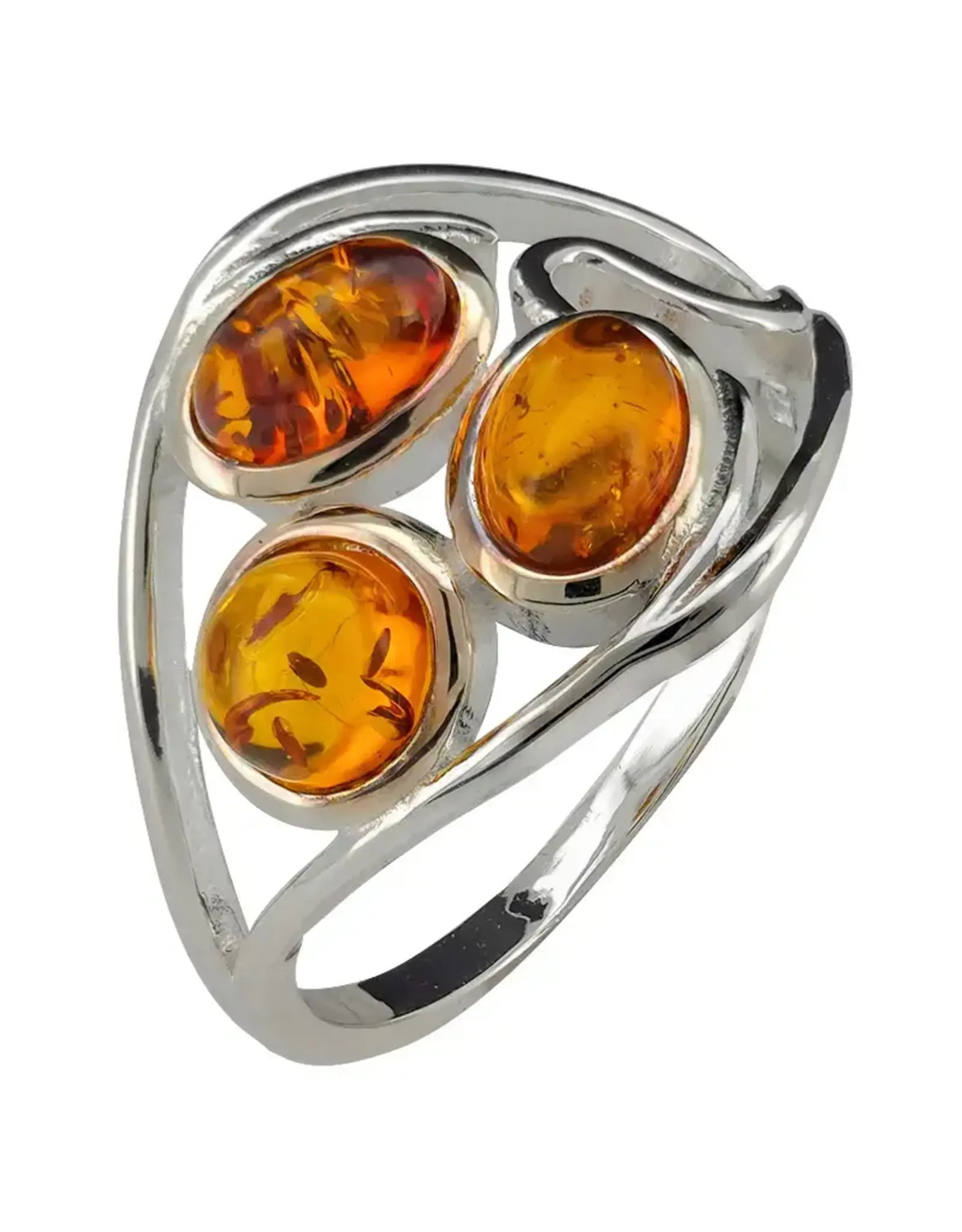 Cognac Amber  3 Eyed Silver Ring Size 7