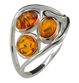 Cognac Amber 3 Eyed Silver Ring Size 9