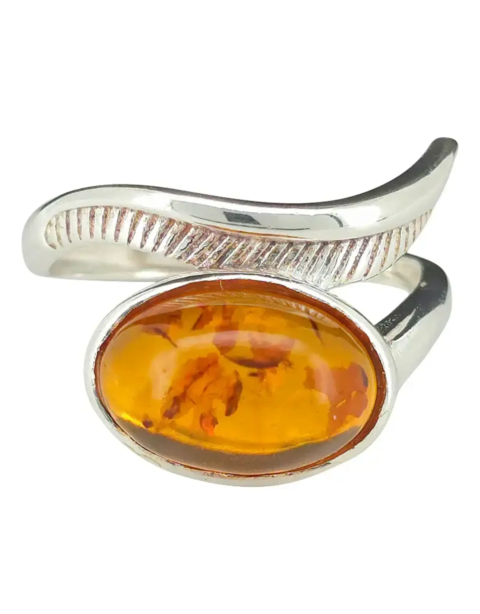 Cognac Amber Silver Curved Adjustable Ring
