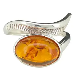 Cognac Amber Silver Curved Adjustable Ring
