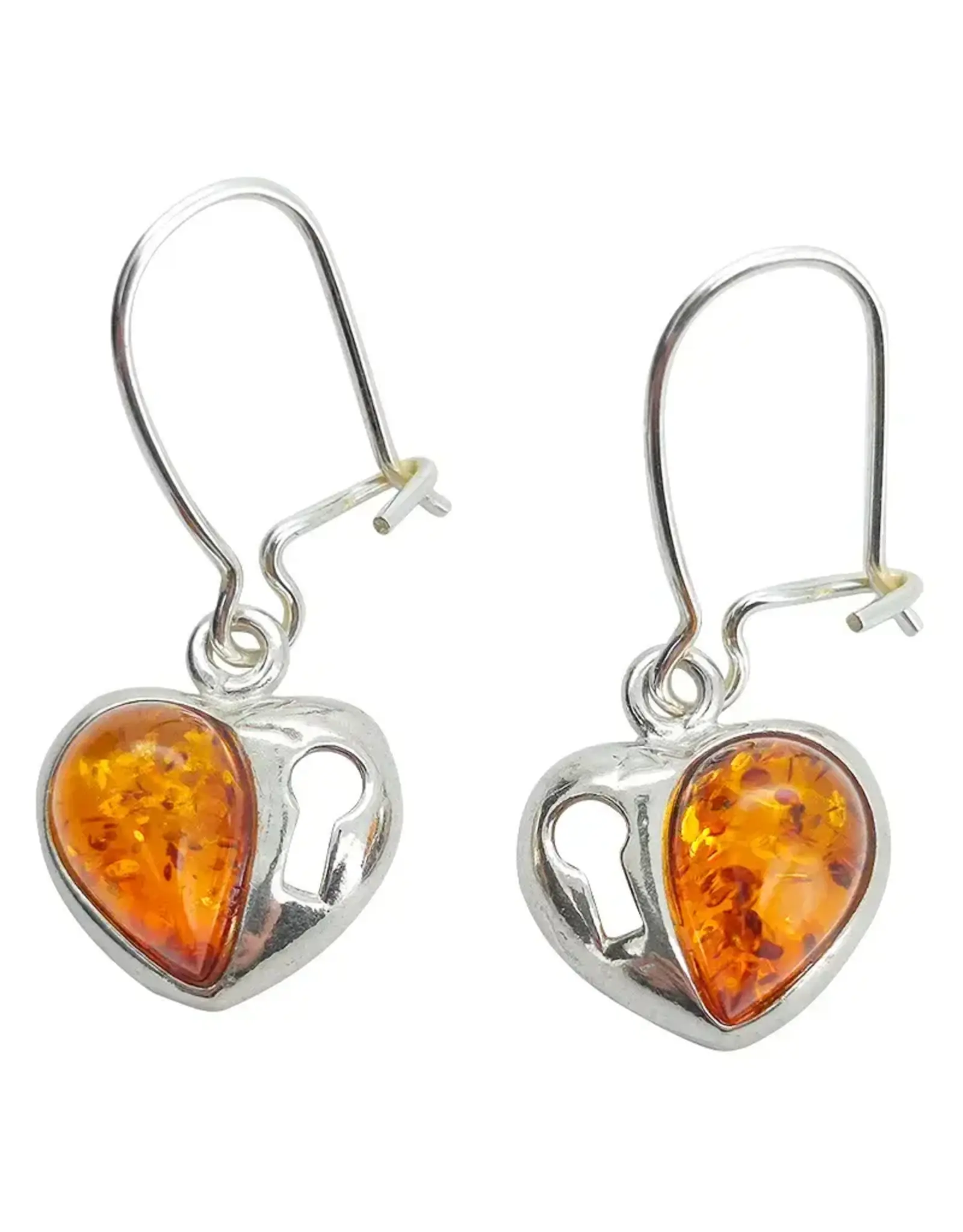 Heart Lock Amber Silver Earrings