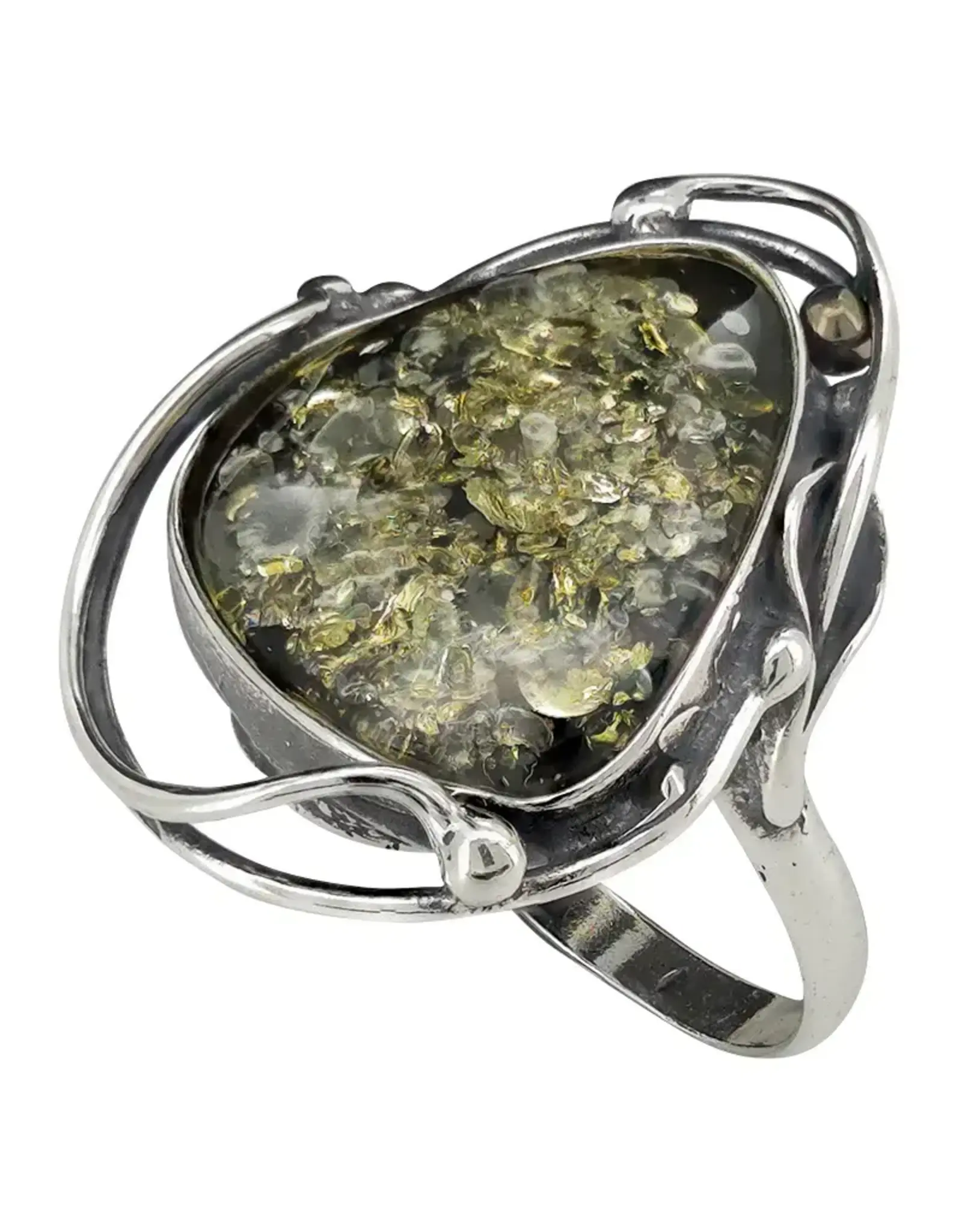 Handmade Green Amber Silver Ring Size 9