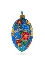 Colorful Flowers on Blue Fabergé Style Glass Egg Ornament