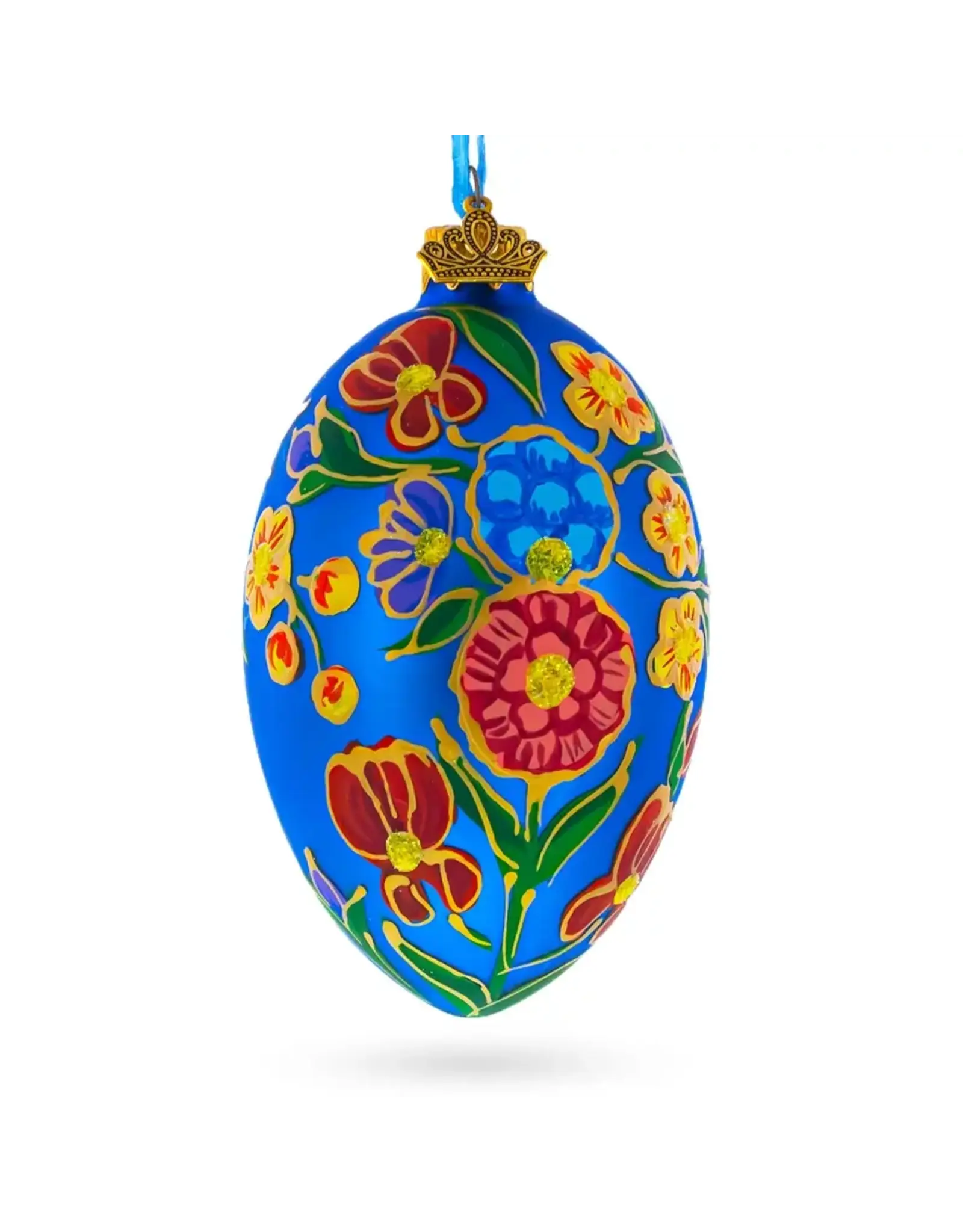 Colorful Flowers on Blue Fabergé Style Glass Egg Ornament