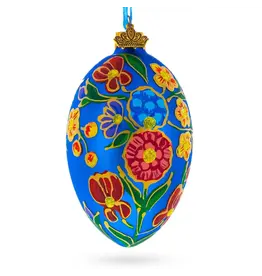 Colorful Flowers on Blue Fabergé Style Glass Egg Ornament