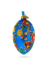 Colorful Flowers on Blue Fabergé Style Glass Egg Ornament