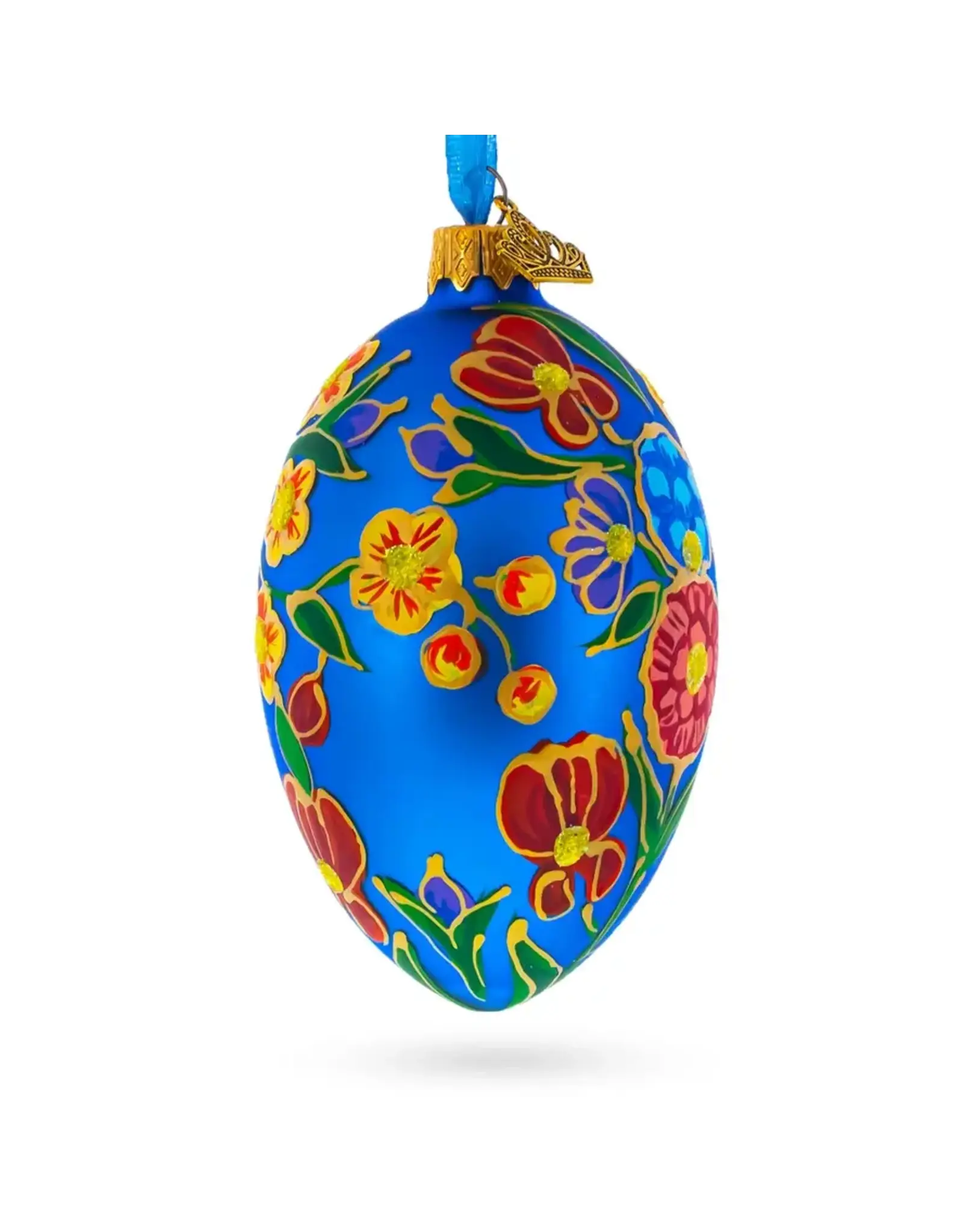 Colorful Flowers on Blue Fabergé Style Glass Egg Ornament