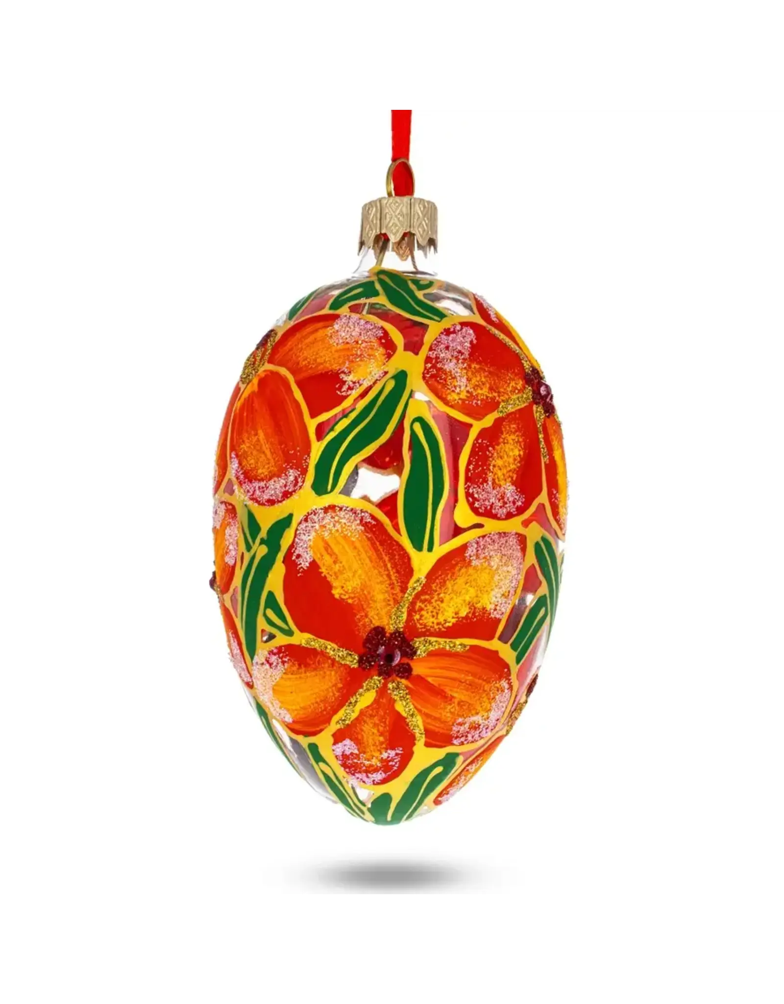 Orange Flowers Glass Egg Ornament