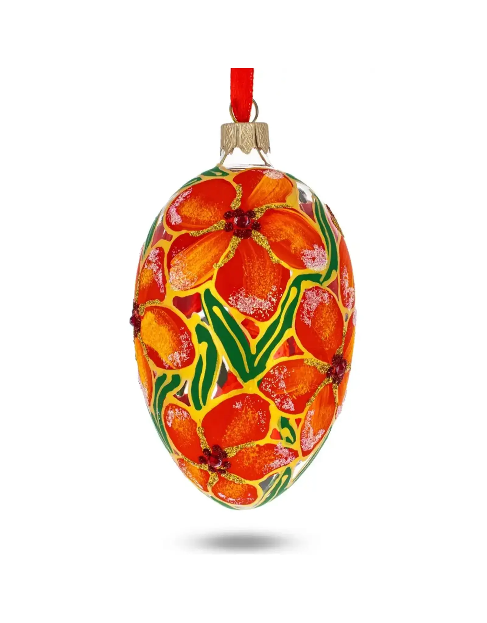 Orange Flowers Glass Egg Ornament