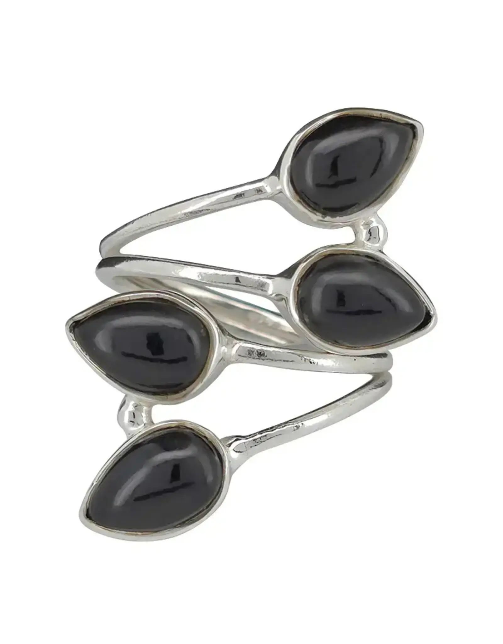 4-Stone Black Onyx Silver Adjustable Ring
