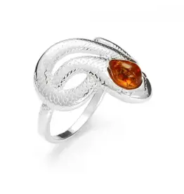 Snake Cognac Amber Sterling Silver Ring Size 7