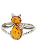 Cat Cognac Amber Silver Adjustable Ring