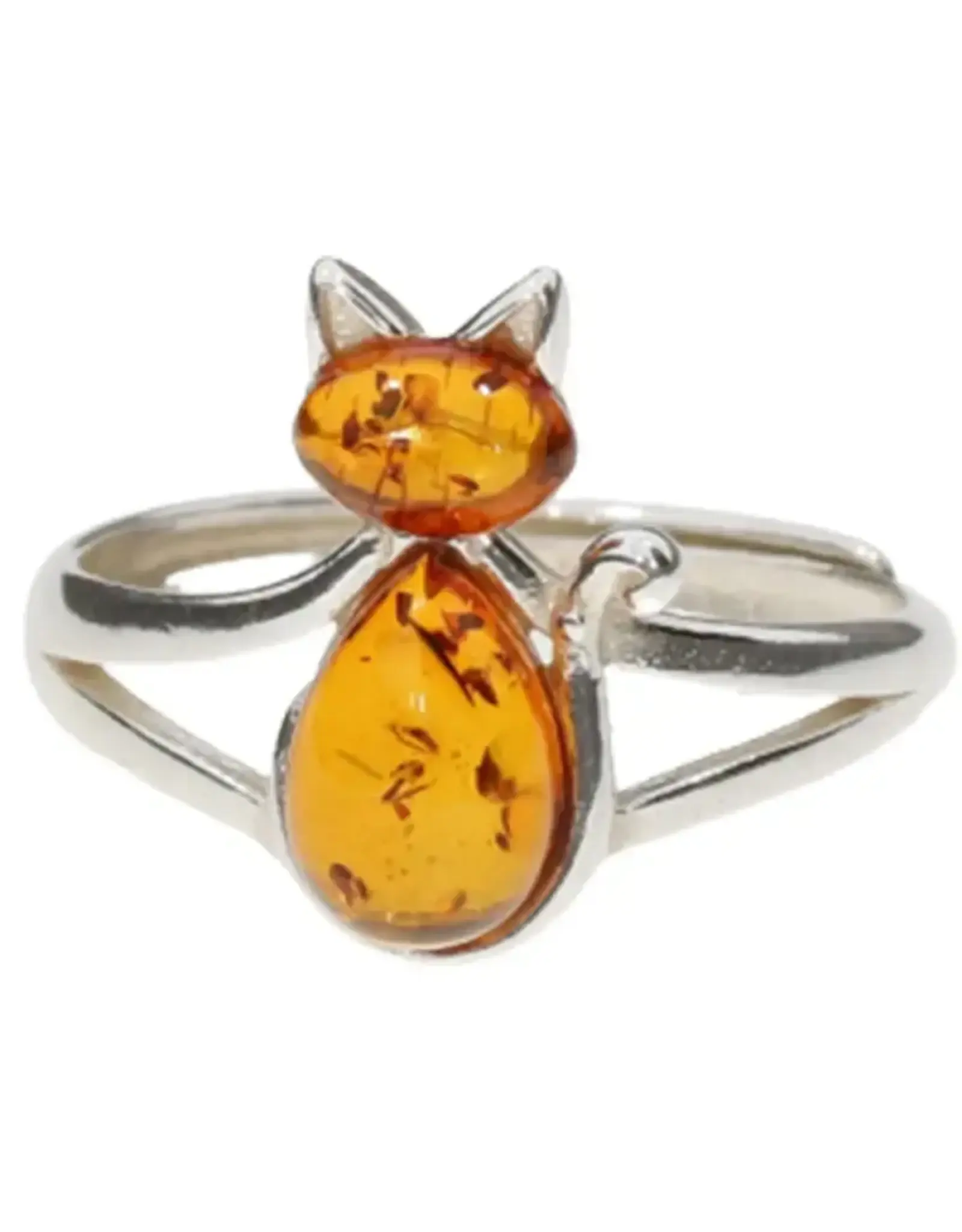 Cat Cognac Amber Silver Adjustable Ring