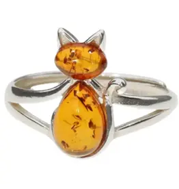 Cat Cognac Amber Silver Adjustable Ring
