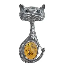 Cognac Amber Sterling Silver Cat Pendant