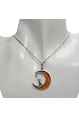 Cat on Moon Reaching to the Stars Amber Pendant