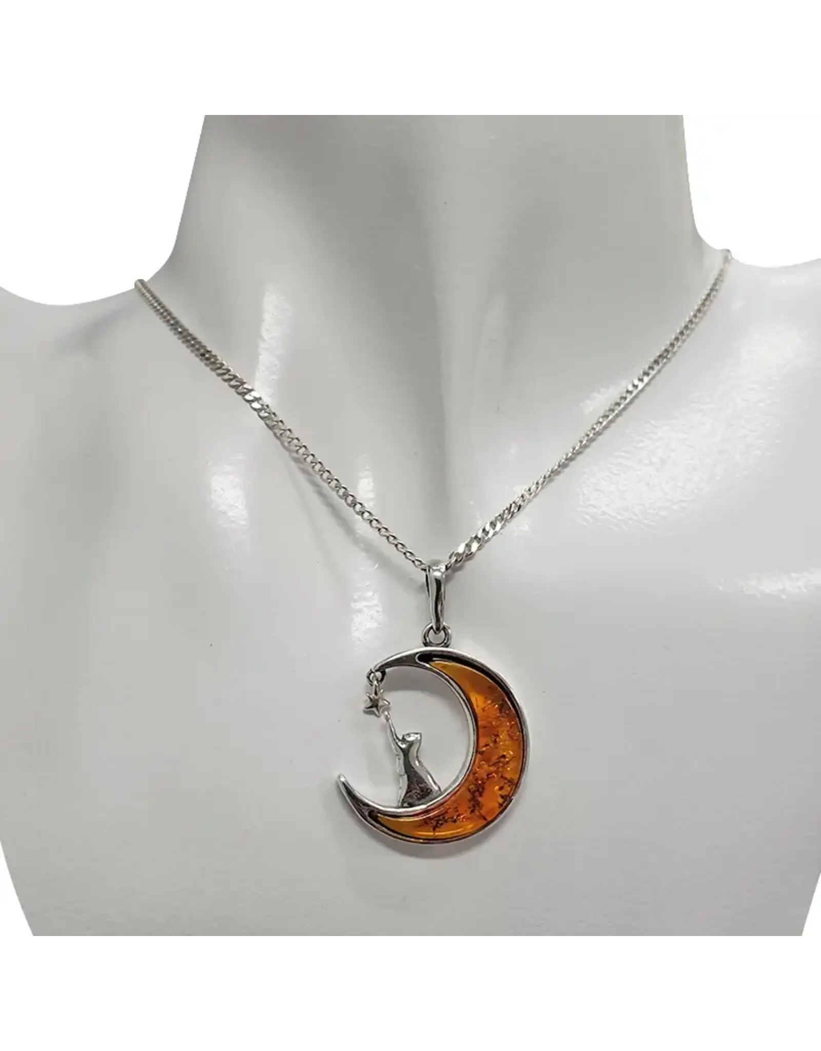 Cat on Moon Reaching to the Stars Amber Pendant