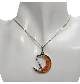Cat on Moon Reaching to the Stars Amber Pendant