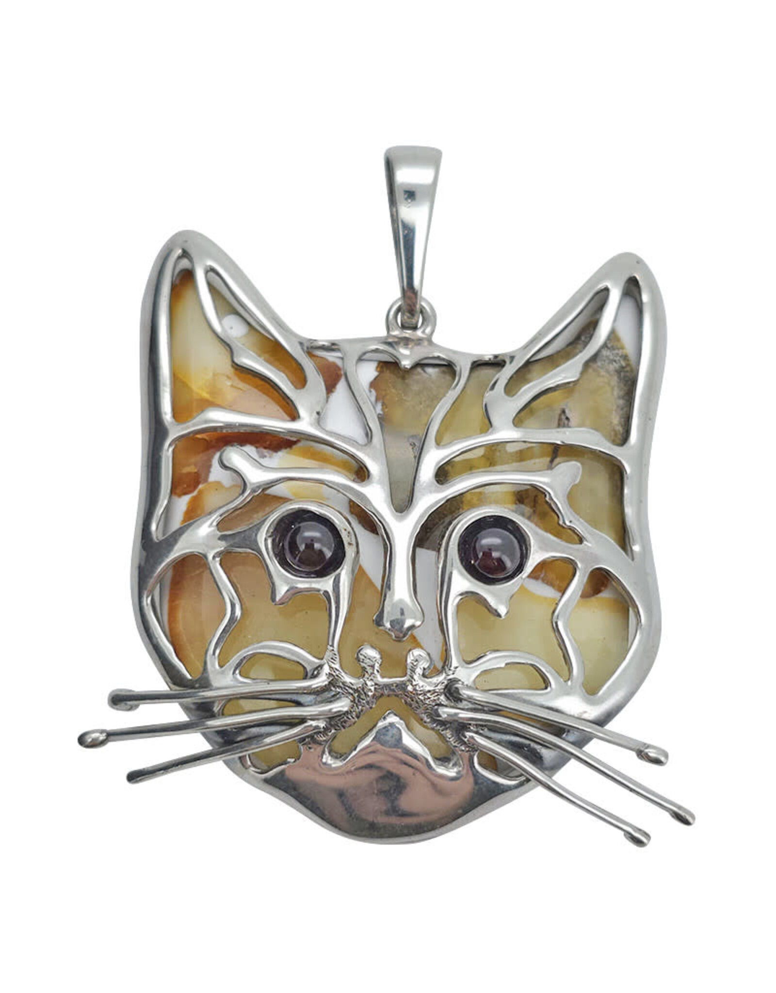 Multicolor Amber Sterling Silver Cat Pendant