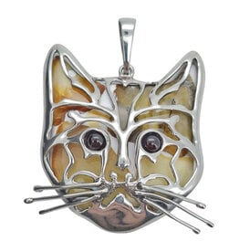Multicolor Amber Sterling Silver Cat Pendant