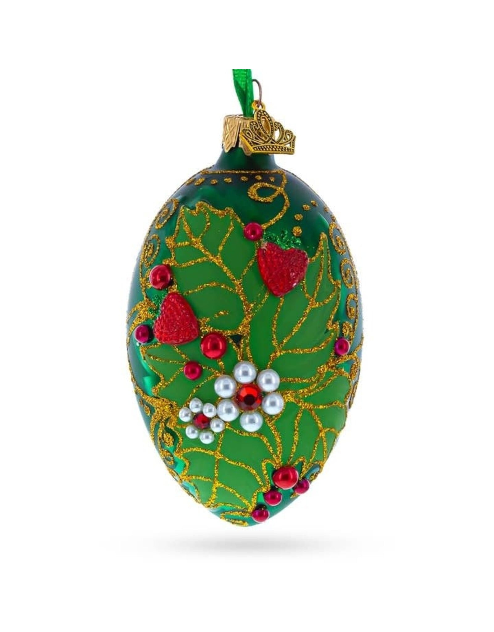 Pearl on Green Leaves Glass Fabergé Style Egg Ornament