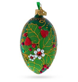 Pearl on Green Leaves Glass Fabergé Style Egg Ornament
