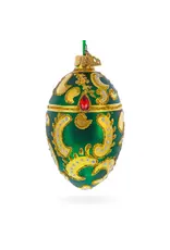 Gilded Paisley with Red Jewels on Green Glass Fabergé Style Egg Ornament