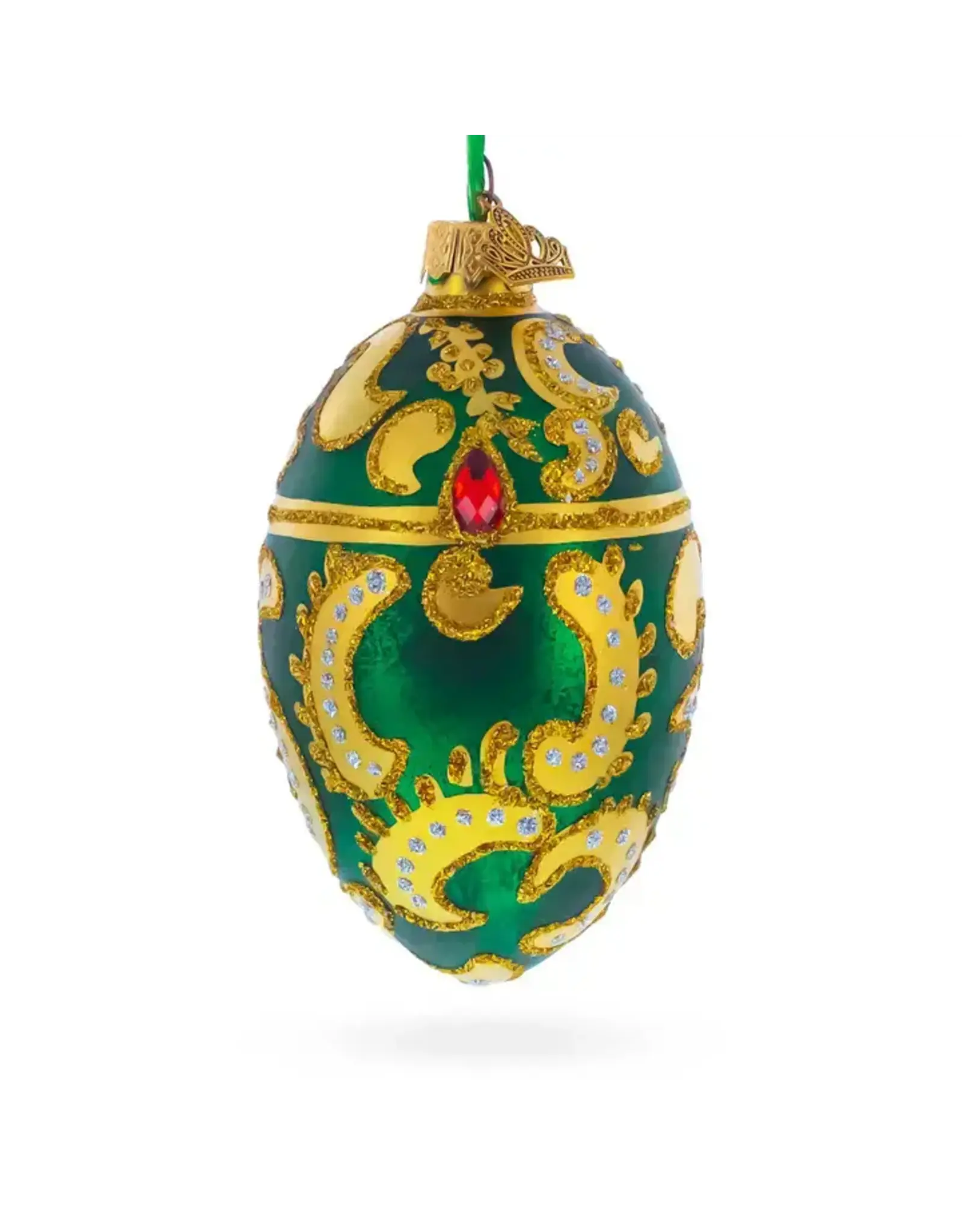 Gilded Paisley with Red Jewels on Green Glass Fabergé Style Egg Ornament