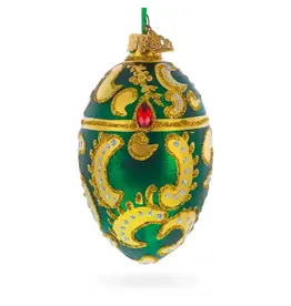 Gilded Paisley with Red Jewels on Green Glass Fabergé Style Egg Ornament