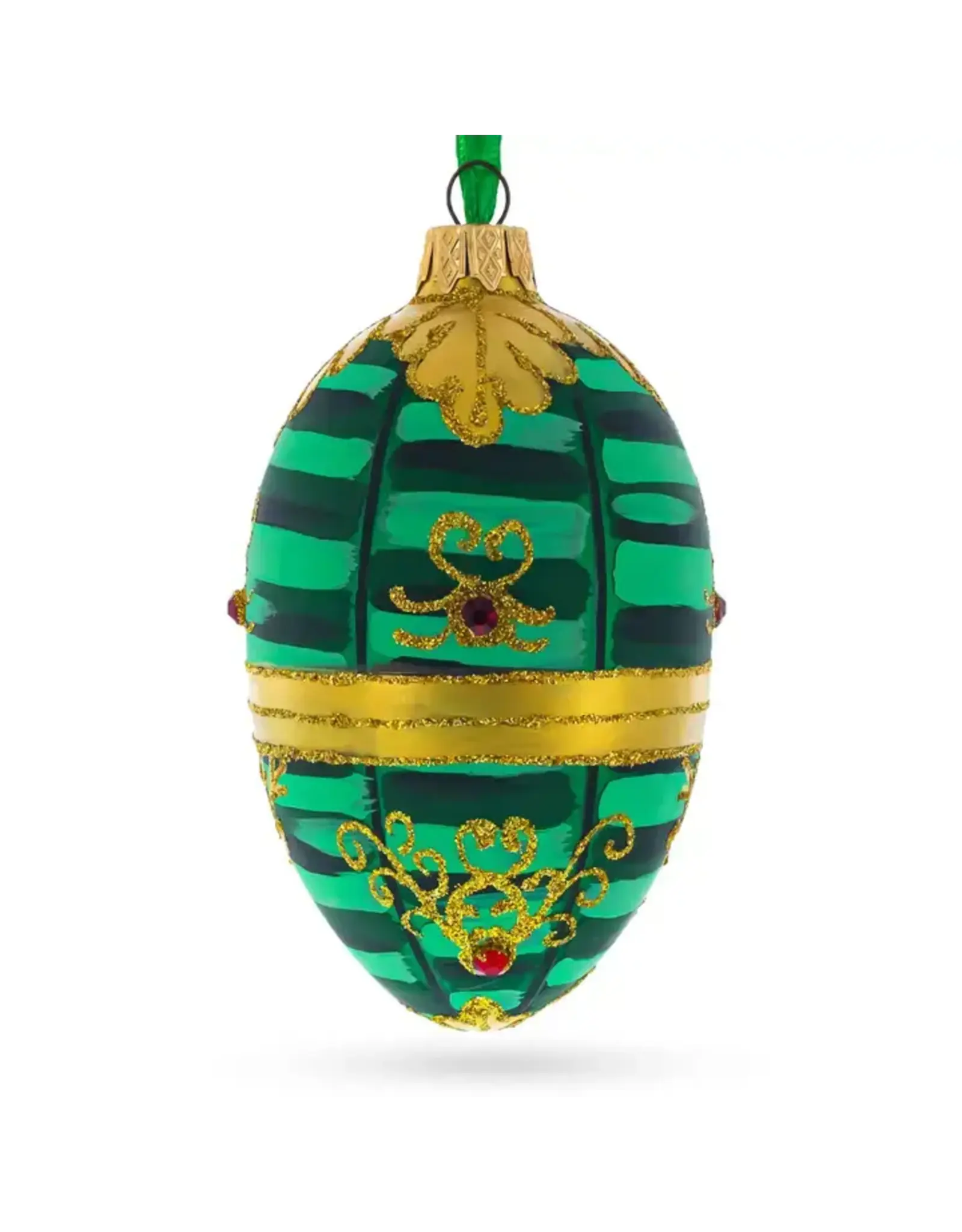 Gold Leaf and Red Jewel on Green Glass Egg Ornament
